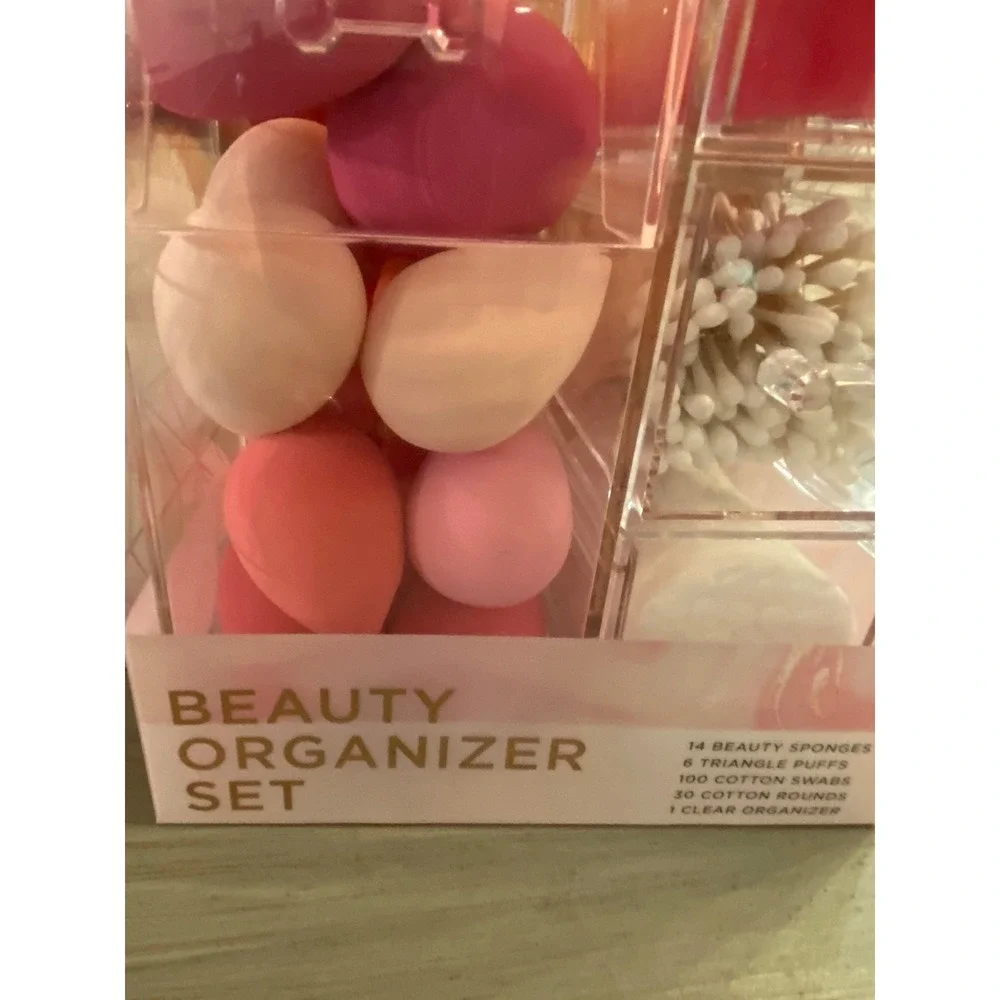 Thinkspace Beauty 150pc Organizer Set Pink Marble Clear Acrylic 3-Drawer Sponges
